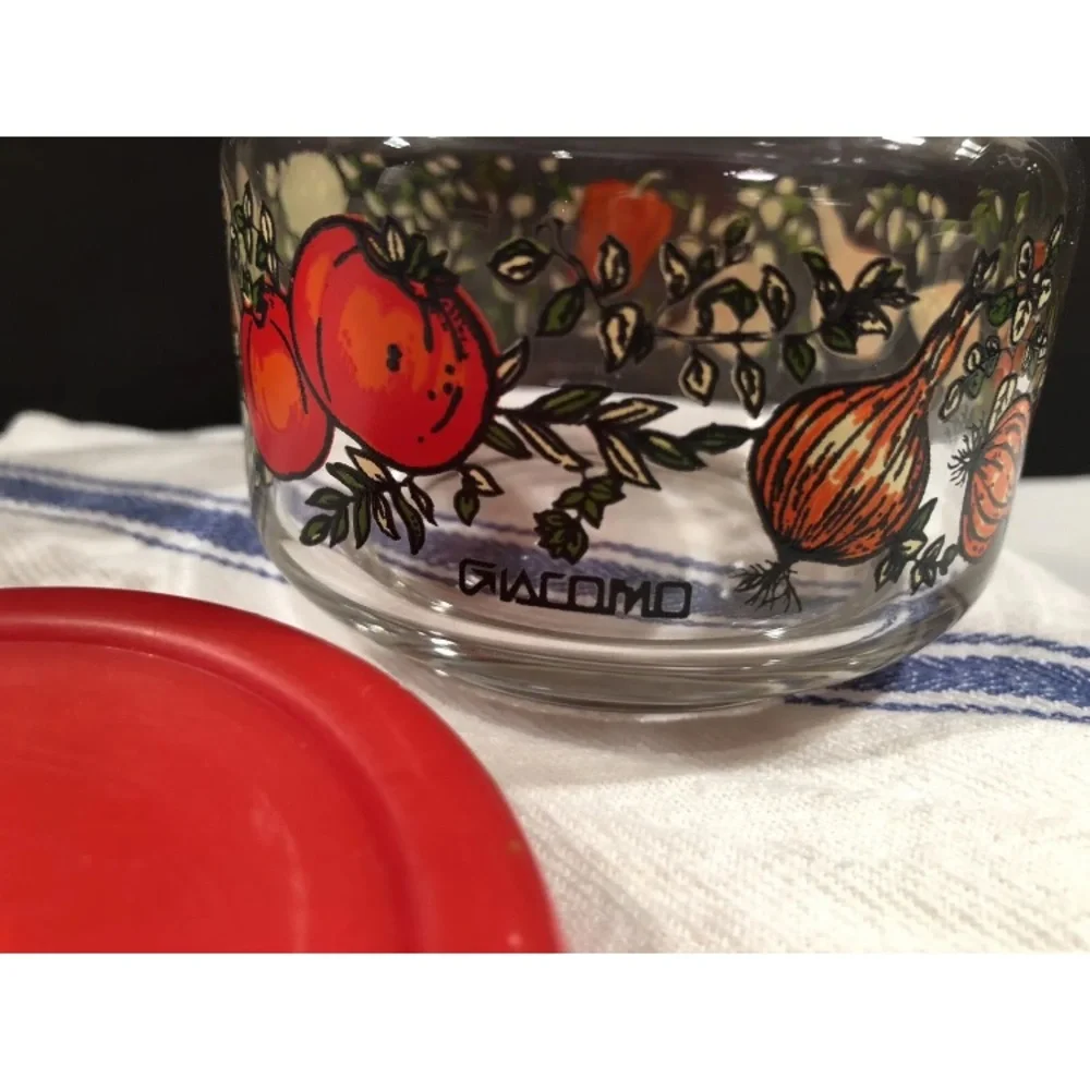 Red-Lid Glass Food Storage Jar with Tomato & Mushroom Design